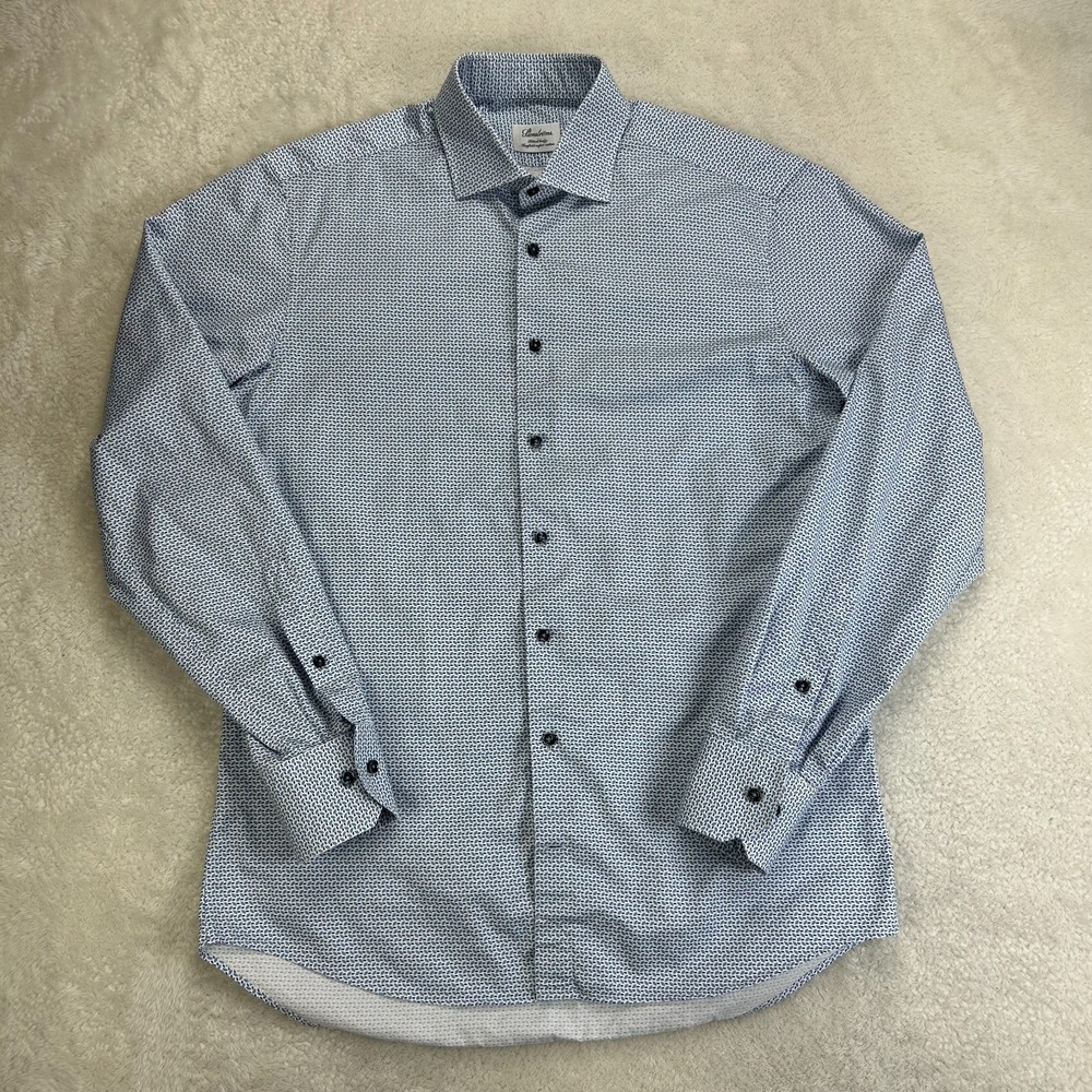 Stenströms Button Up Shirt Mens 15 3/4 40 Blue White Fitted Body All Over Print